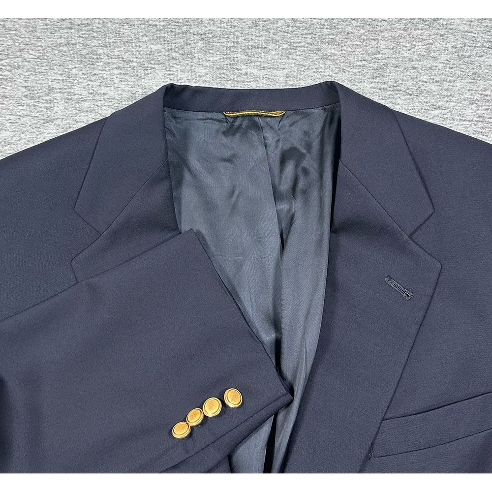 Hart Schaffner Marx Gold Button Blazer Mens 48R Tag Blue Wool Gold Trumpeter